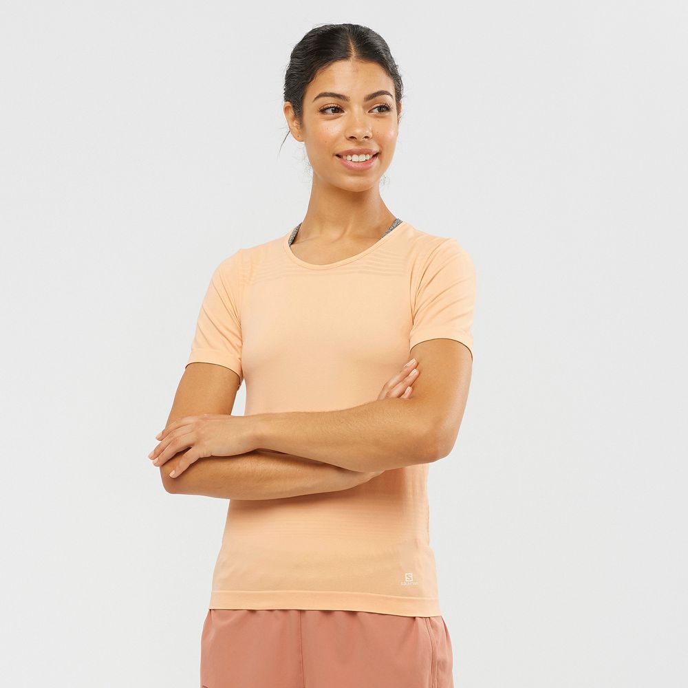 Salomon Israel ESSENTIAL MOVE ON SEAMLESS - Womens T shirts - Beige (SRUP-93754)